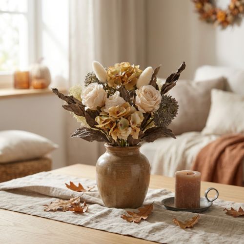 Artikel Kunstblumenstrauß Rose Hortensie Vintage 38cm Beige Braun