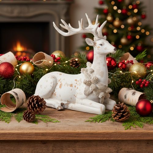 Artikel Dekofigur Hirsch sitzend mit Geweih 30cm Weiß Polyresin
