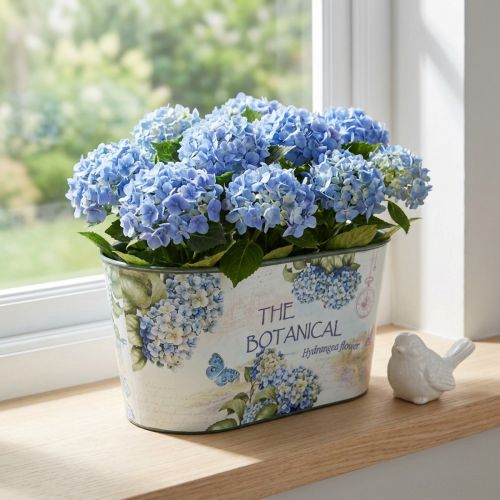 Blumenschale oval Kunststoff Hortensien-Motiv 21,5×12,5×11cm Weiß Blau Creme Grün | Floristik24.at