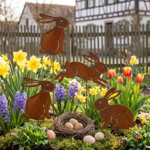 Artikel Gartenstecker Metall Hase im Rost-Look 60 cm 4er-Set für Außenbereich