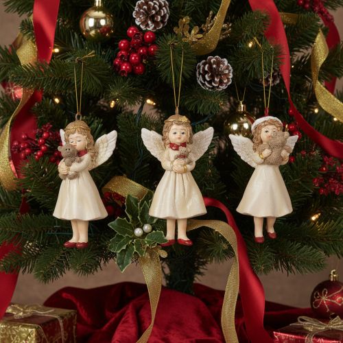 Deko-Engel Baumschmuck aus Polyresin, 10 cm, Beige/Weiß/Rot, 3er-Set | Floristik24.at