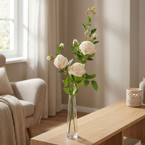 Künstlicher Rosenzweig Crème-Rosé 100cm mit Blüten und Knospen | Floristik24.at
