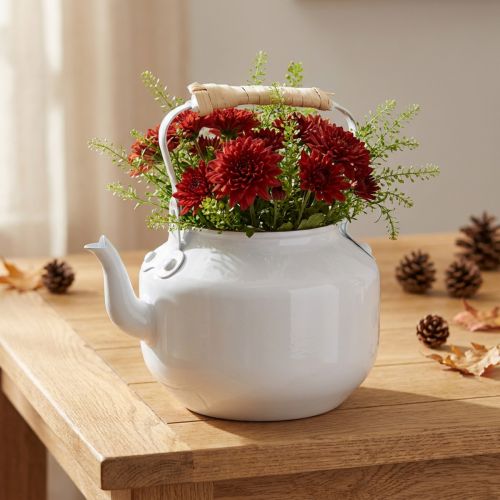Dekorativer Übertopf aus Metall, Teekessel-Design, Ø 8,6 cm, H 16 cm, Weiß, Shabby Chic | Floristik24.at