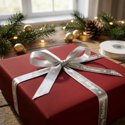 Polyester Weihnachtsband Merry Christmas 10mm x 20m Silber Weiß für Geschenkdekoration | Floristik24.at