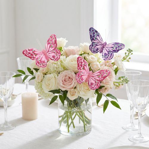 Deko-Schmetterlinge aus Federn mit Draht, 7×10 cm, Lila und Pink, 12 Stück | Floristik24.at