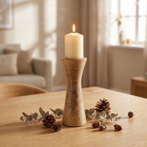 Kerzenhalter Holz Natur mit schwarzer Metallhalterung Ø6cm H16cm | Floristik24.at