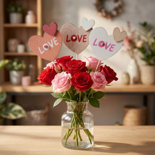 Blumenstecker aus Holz mit Herzmotiv und „Love“-Schriftzug, 8×7,5 cm, 12 Stück | Floristik24.at