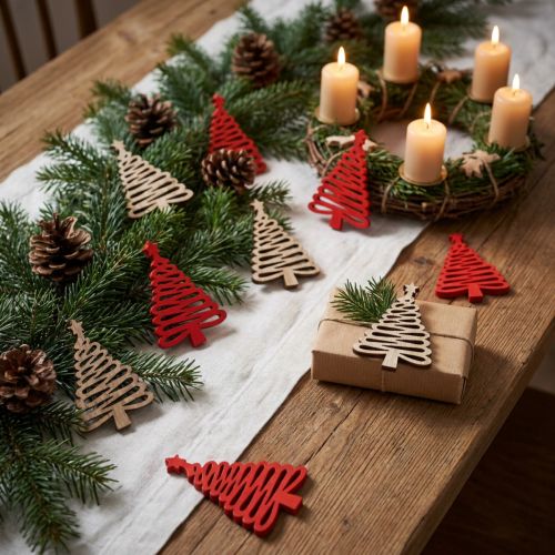 Streuteile Holz Tannenbaum mit Stern Natur und Rot 3 x 4,5 cm 72 Stück | Floristik24.at
