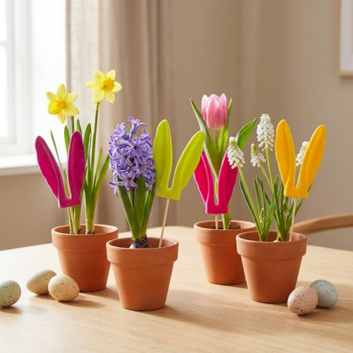 Hasenohren Blumenstecker 31cm beflockt Kunststoff bunt 4er-Set | Floristik24.at