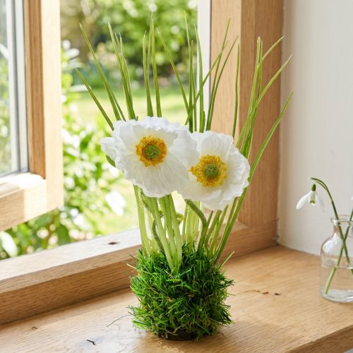Künstlicher Mohn Weiß auf Grasballen, 23cm, Kunststoff | Floristik24.at