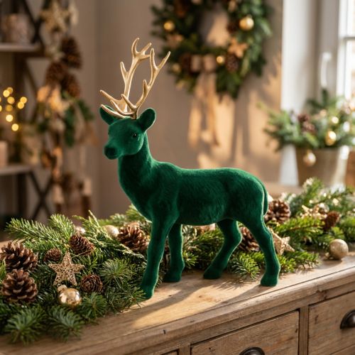 Hirsch stehend Dekofigur aus Kunststoff 27cm Grün Gold Advent Tischdeko | Floristik24.at