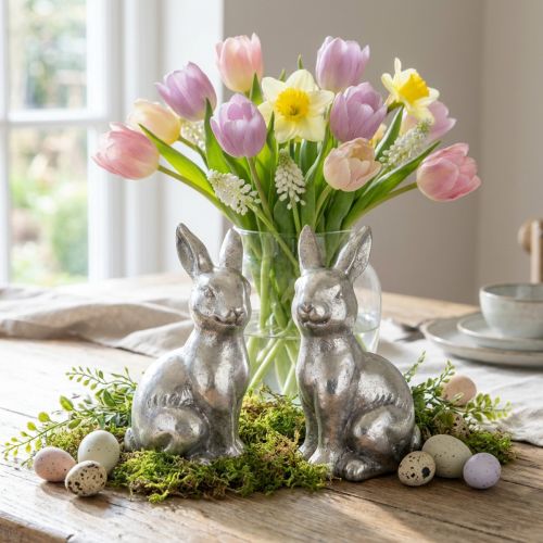 Dekofiguren Hase sitzend Polyresin 13 cm Silber 2 Stück | Floristik24.at