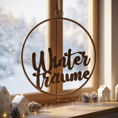 Fensterdeko hängend aus Metall im Bronzeton – Schriftzug Winterträume 30,5 cm | Floristik24.at
