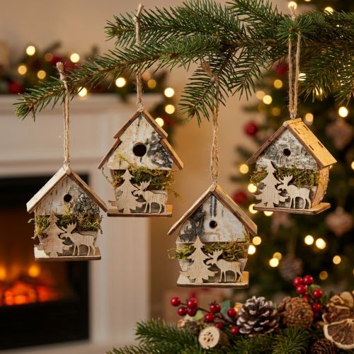 Weihnachtsanhänger aus Holz, Vogelhaus-Design, 6,5–7,5 cm, Natur, 4 Stück | Floristik24.at