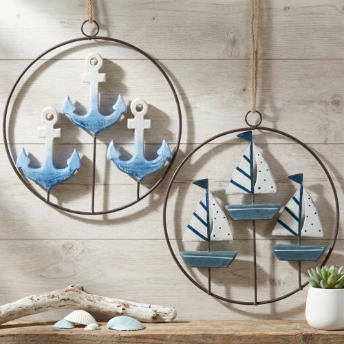 Deko Metallring mit Segelbooten und Ankern Ø18cm, Blau-Weiß, 2 Stück | Floristik24.at