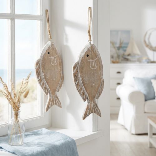 Dekohänger Holzfisch 21 cm Weiß Natur 2 Stück für Wohnraum | Floristik24.at