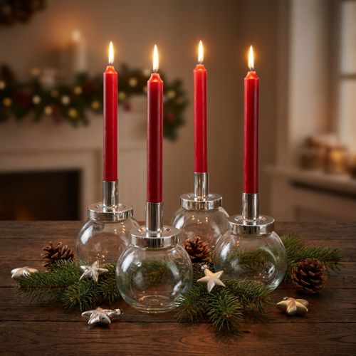 Stabkerzenhalter Glas Metall Silber Ø10,5 cm 4er-Set | Floristik24.at
