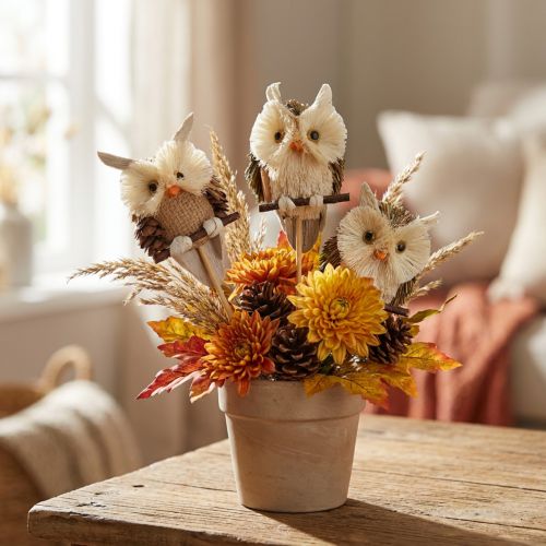 Artikel Eulen-Holz-Blumenstecker Herbstdeko 4cm Ø 8cm H Naturfarben 4 Stück