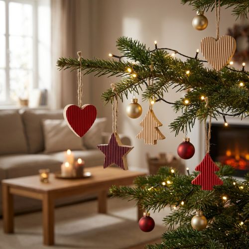 Christbaumschmuck aus Holz Herz, Stern und Baum Rot/Natur 4,5cm 9-teilig | Floristik24.at