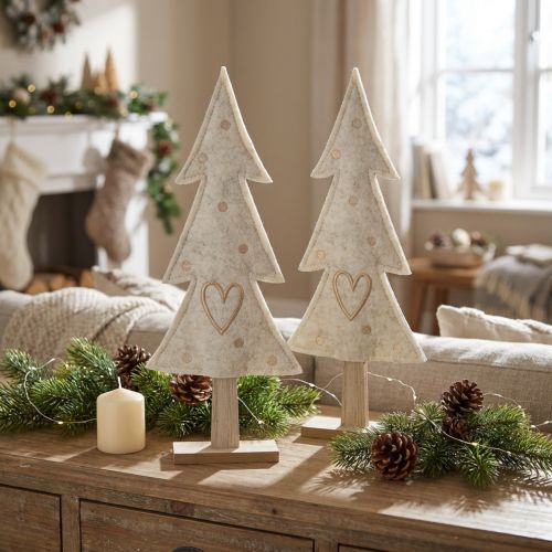 Tannenbaum-Dekoration Filz Creme Beige 35cm mit Holzsockel 2er-Set | Floristik24.at