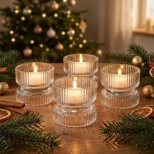 Teelichthalter Glas geriffelt klar Ø9cm H7cm 4er-Set | Floristik24.at