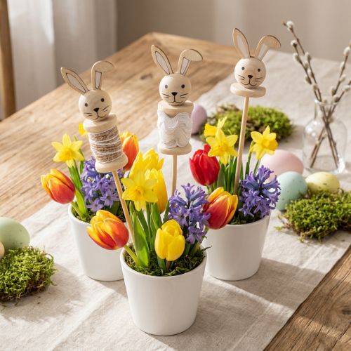 Artikel Blumenstecker Holz Hase Natur Weiß Braun, L32cm, 8 Stück