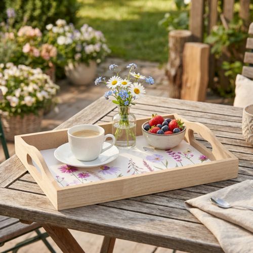 Artikel Rechteckiges Holztablett, 35 cm, Natur, Blumen- und Schmetterlingsmotiv