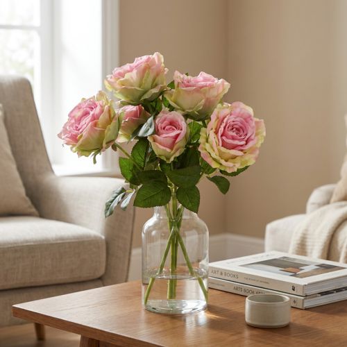 Rosenbusch künstlich 55cm aus Textilstoff in Grün und Rosa | Floristik24.at
