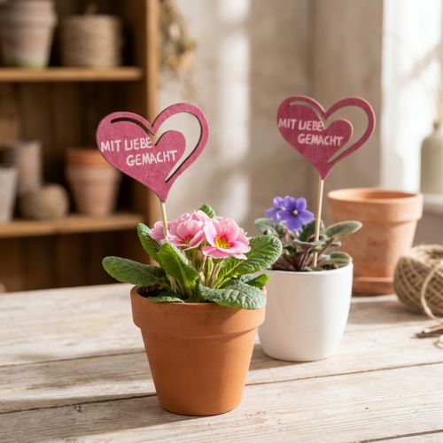 Holzblumenstecker Herz 7cm Pink „Mit Liebe gemacht“ 12 Stück | Floristik24.at