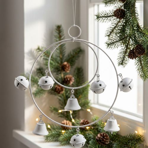 Metallring mit Glöckchen, Adventsdeko zum Hängen, Weiß, H22,5 cm B21,5 cm | Floristik24.at