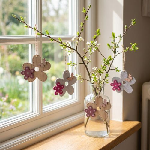 Wanddeko Holzblume mit Schmetterling 10×9 cm Weiß Rosa Natur 8 Stück | Floristik24.at