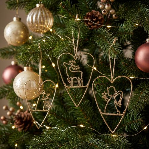 Christbaumschmuck Herzen aus Metall in Gold, 12 cm, 6er Set mit Engel- und Elchmotiven | Floristik24.at