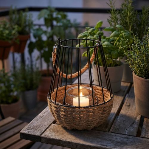 Windlicht aus Metall und Glas mit Hanfseil-Henkel, Schwarz Natur, Ø 18 cm H 22 cm | Floristik24.at