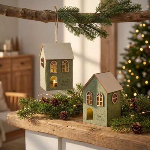 Filzhäuschen Christbaumschmuck Grün mit Holz und LED-Beleuchtung 2er Set | Floristik24.at