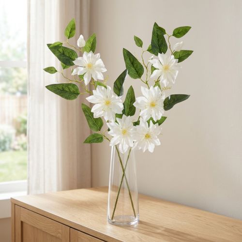 Künstlicher Clematis-Zweig mit weißen Blüten und grünen Blättern 81 cm, 2 Stück | Floristik24.at