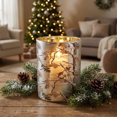 Artikel Windlicht Glas 12cm Winterwald Zweigdesign Gold