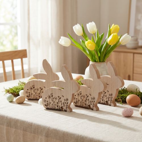 Osterhasen aus Holz sitzend 18,5×18cm Braun Natur mit Blumenmotiv 4er-Set | Floristik24.at
