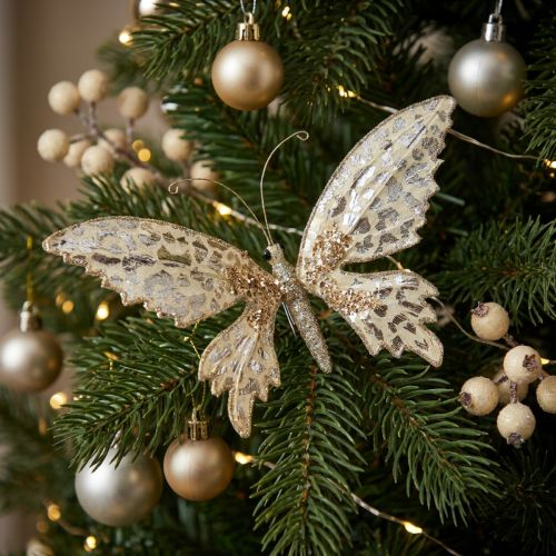 Schmetterling-Deko-Clip aus Polyresin und Papier, Creme mit Goldmuster, L16cm B13cm | Floristik24.at