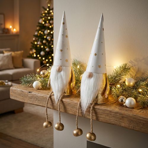 Weihnachtswichtel Deko-Figur Weiß, Gold, Metall, Ø6,5cm, H22cm, 2 Stück | Floristik24.at
