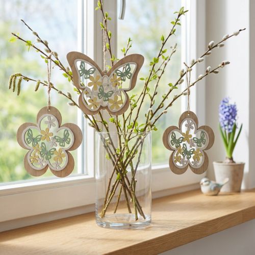 Holzanhänger Schmetterling und Blume 11/14,5 cm, Natur/Grün/Gelb, 4er-Set | Floristik24.at