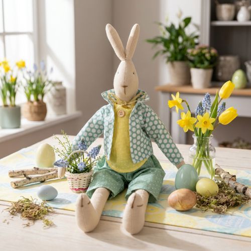 Osterdeko Hase aus Stoff, Hasenjunge mit Kleidung und Blumenkorb, 46 cm | Floristik24.at