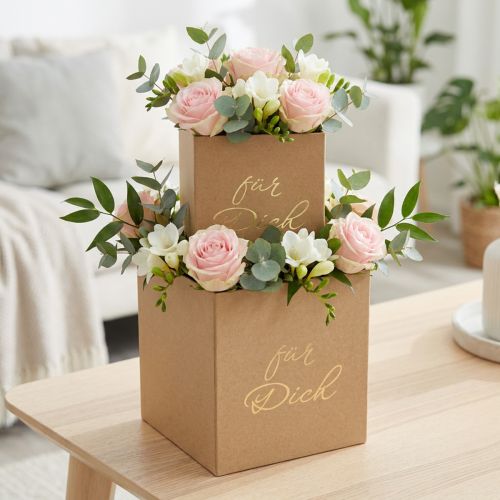Geschenkbox Set aus Karton mit Kunststofffolie, rechteckig, „Für Dich“-Motiv, Beige, 14x14x14cm und 12x12x12cm | Floristik24.at