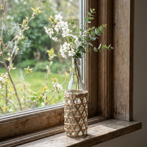 Dekoflasche aus Glas mit Seegrasgeflecht Ø9,5cm H31cm Transparent/Natur | Floristik24.at