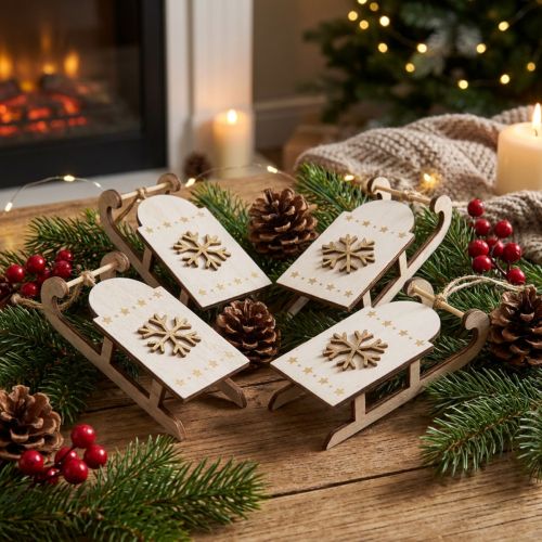 Set aus 4 Holz-Weihnachtsschlitten Weiß/Gold mit Schneeflocken 15,5 x 6,5 x 4 cm | Floristik24.at