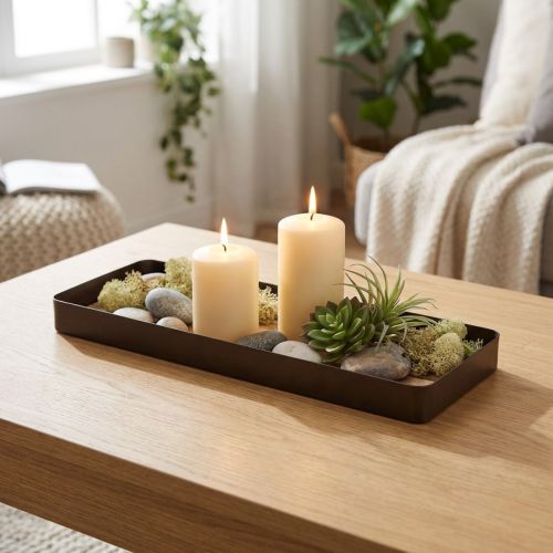 Dekotablett Metall mit Holzboden Schwarz Natur 34,5×11×3cm | Floristik24.at