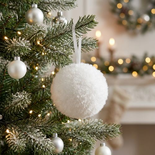 Schneeball-Dekohänger Ø7,5 cm aus Kunststoff mit Organzaband, Weiß | Floristik24.at
