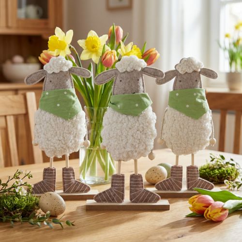 Dekofiguren Schaf aus Filz und Holz 37cm Weiß-Grün Set 3-teilig | Floristik24.at