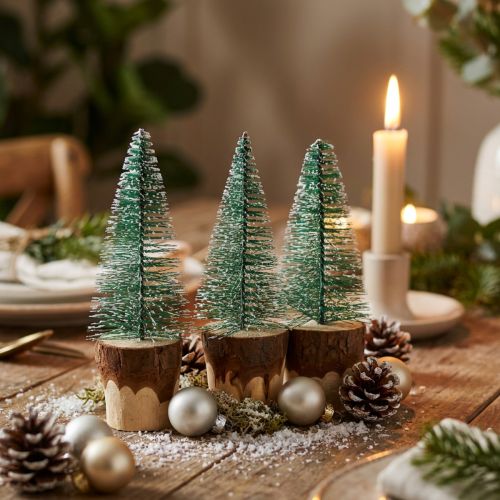 Set aus 8 beschneiten Mini-Tannenbäumen aus Kunststoff, Holz und Metall, ca. 10 cm, Grün/Natur/Weiß | Floristik24.at