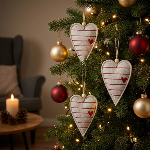 Artikel Filzherzen Christbaumschmuck Beige Rot 8,5×12cm 6 Stück