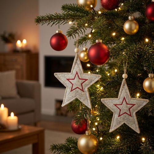 Filzstern Christbaumschmuck Beige mit Rot 13cm 6er Set | Floristik24.at
